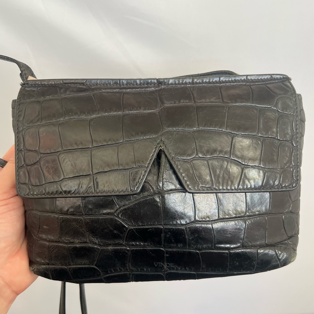 Vince Crossbody ‘Signature V’ Croc-Embossed Small Bag Black